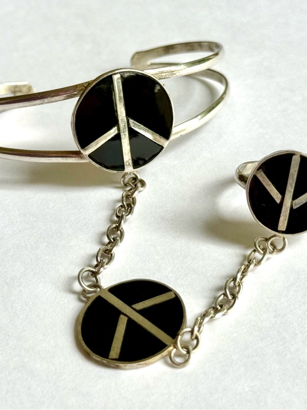 Vintage Slave Bracelet Set with inlaid Peace Sign, Cuff-Bracelet-Ring